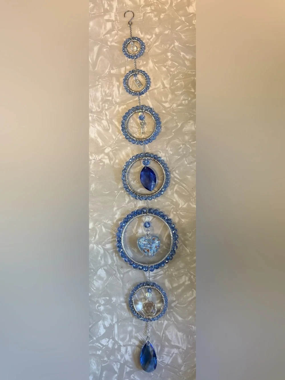 Blue Lock & Key Glass Heart Crystal Beaded Sun Catcher